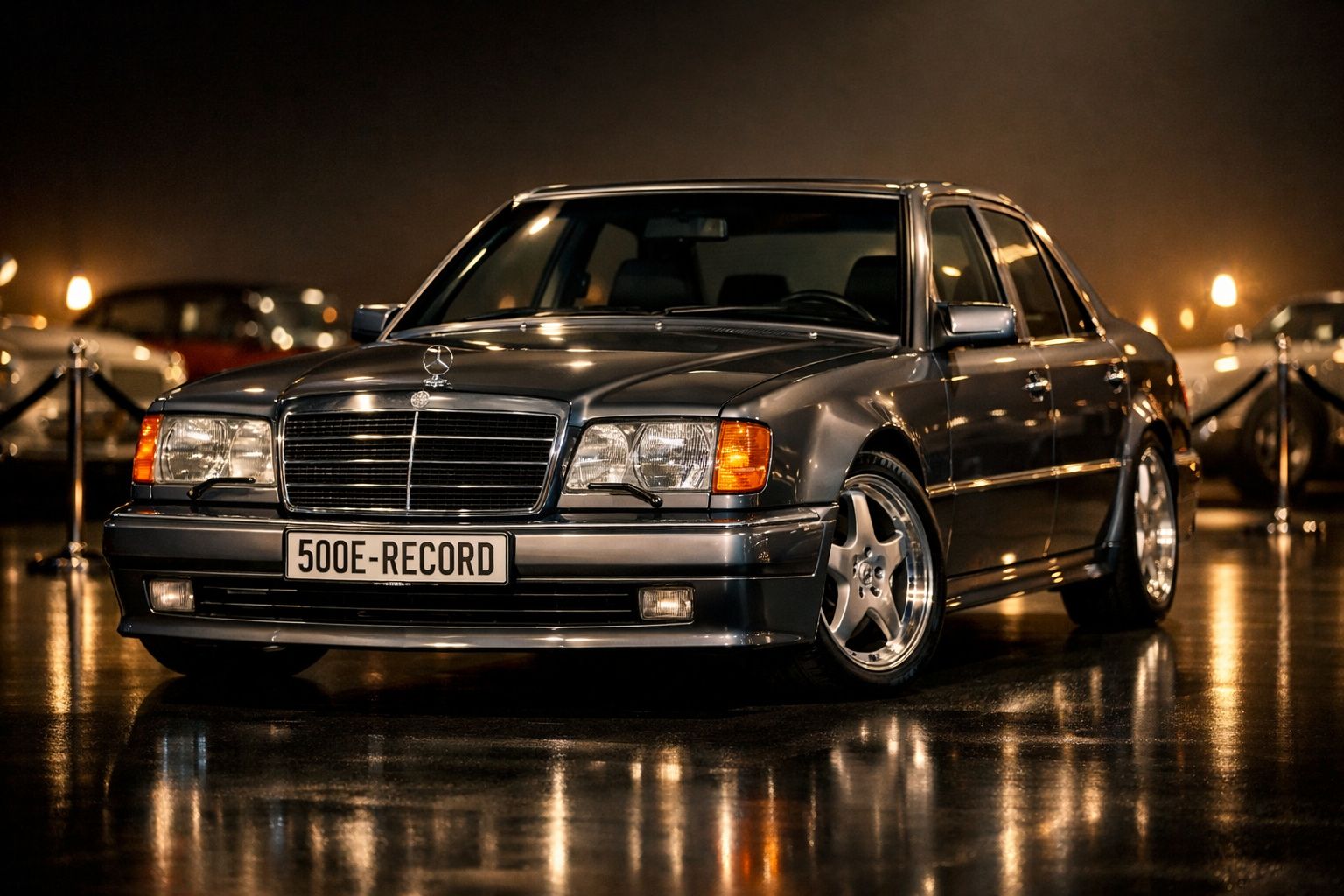 Mercedes-Benz 500E preto estacionado em piso brilhante com iluminação noturna ambiente.