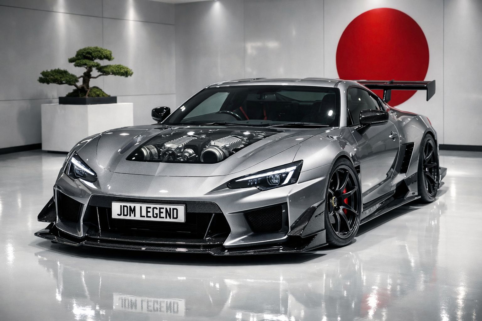Carro desportivo cinzento com motor visível no capô e placa JDM LEGEND em garagem minimalista.