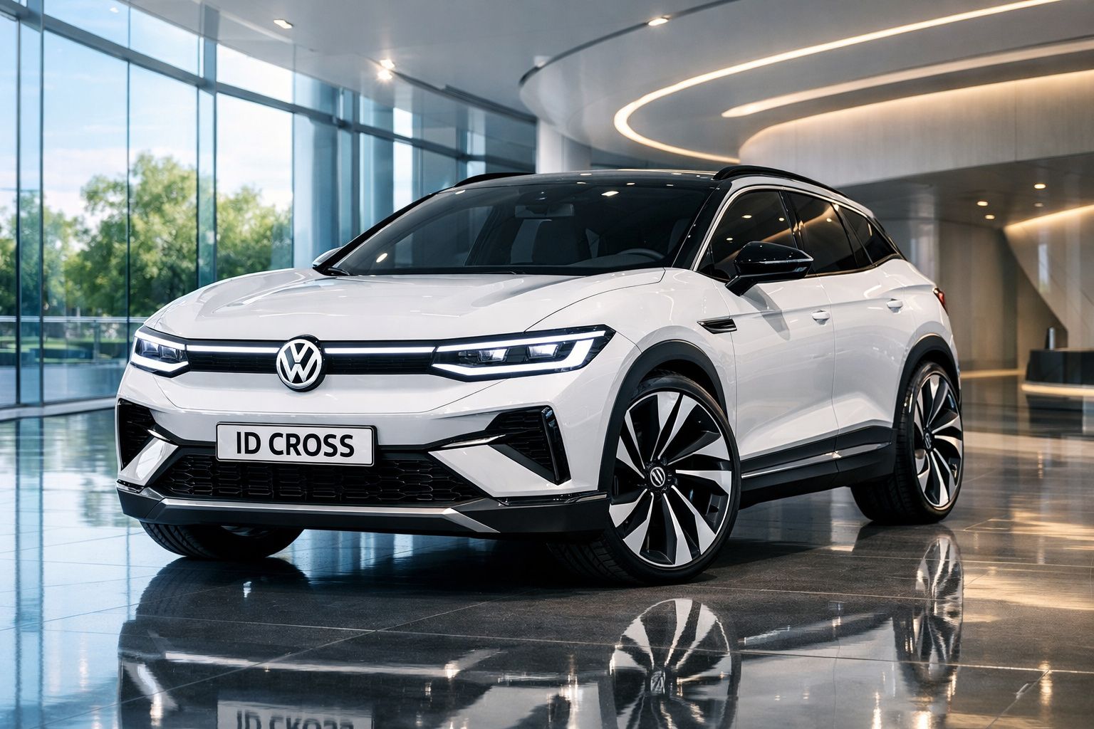 Automóvel elétrico Volkswagen ID Cross branco num showroom moderno com grande janelas de vidro.