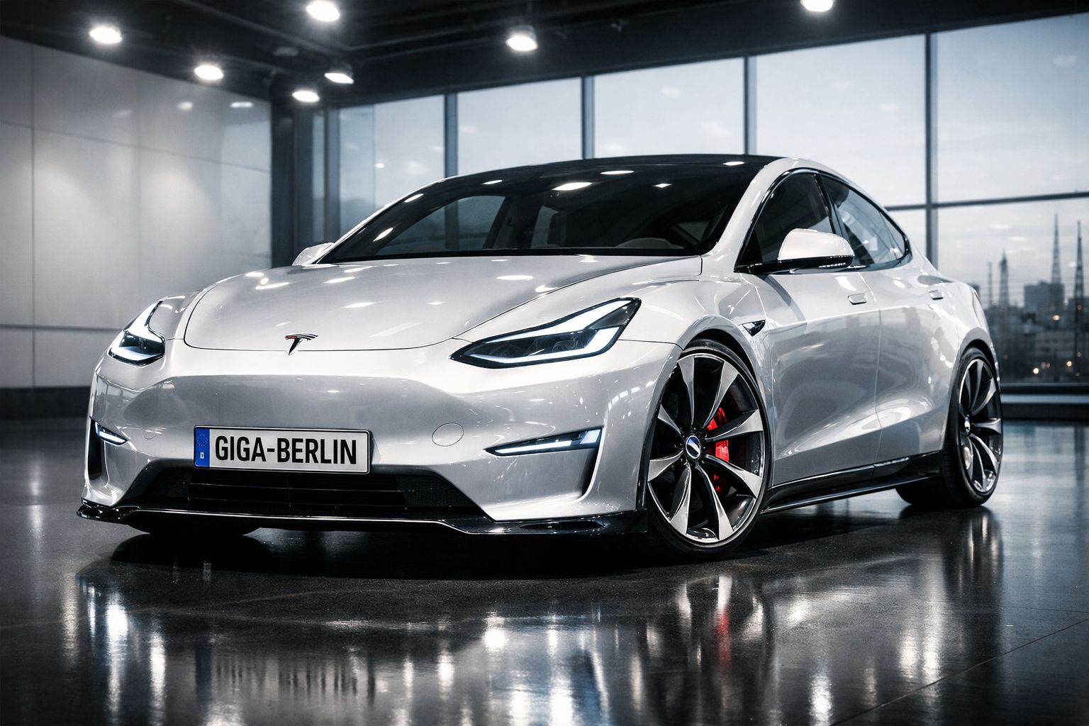 Carro elétrico Tesla branco estacionado em garagem moderna com jantes desportivas e faróis acesos.