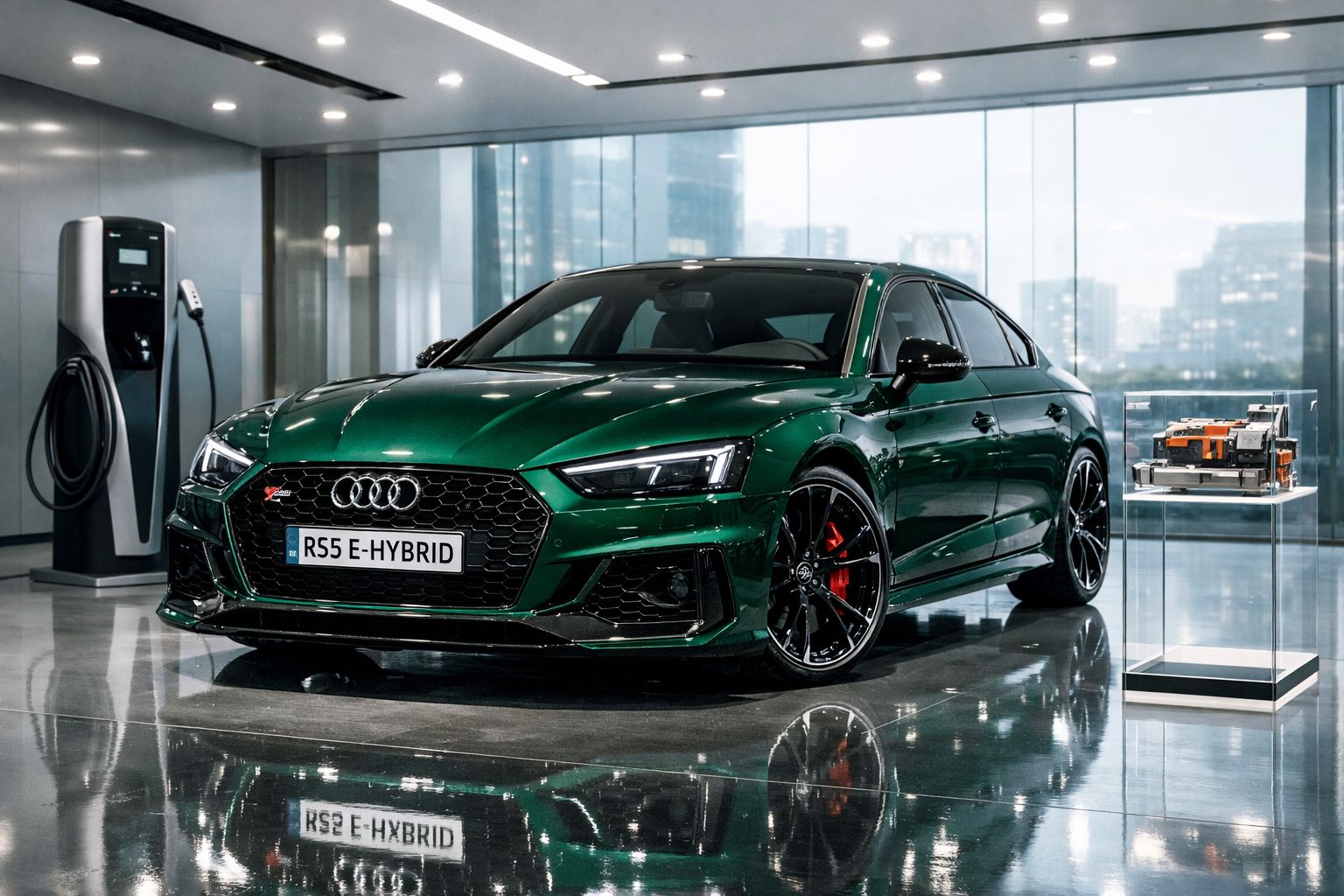Carro Audi RS5 E-Hybrid verde estacionado em showroom moderno com estação de carregamento elétrico.