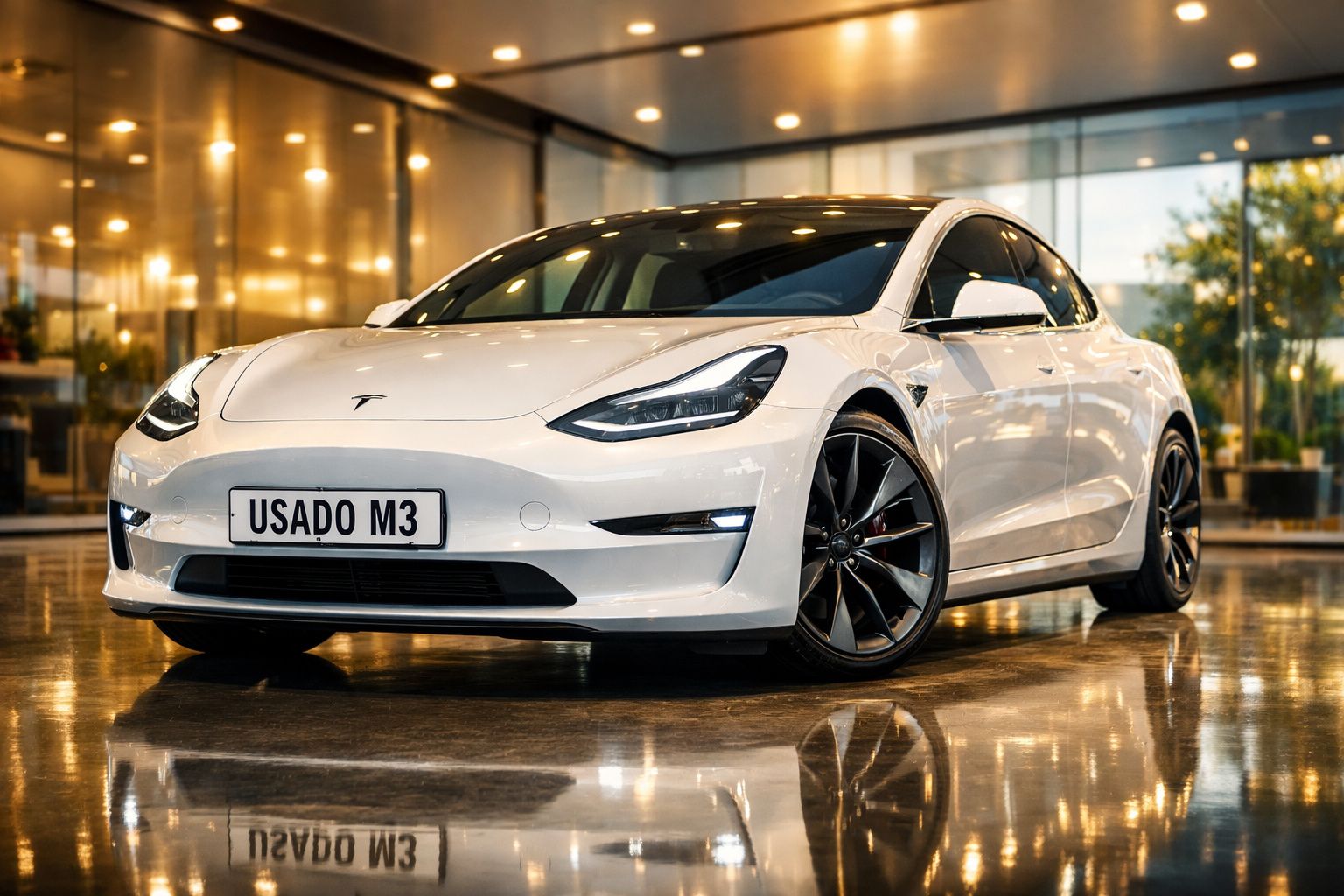 Carro elétrico branco Tesla Model 3 estacionado em piso refletor dentro de showroom moderno.