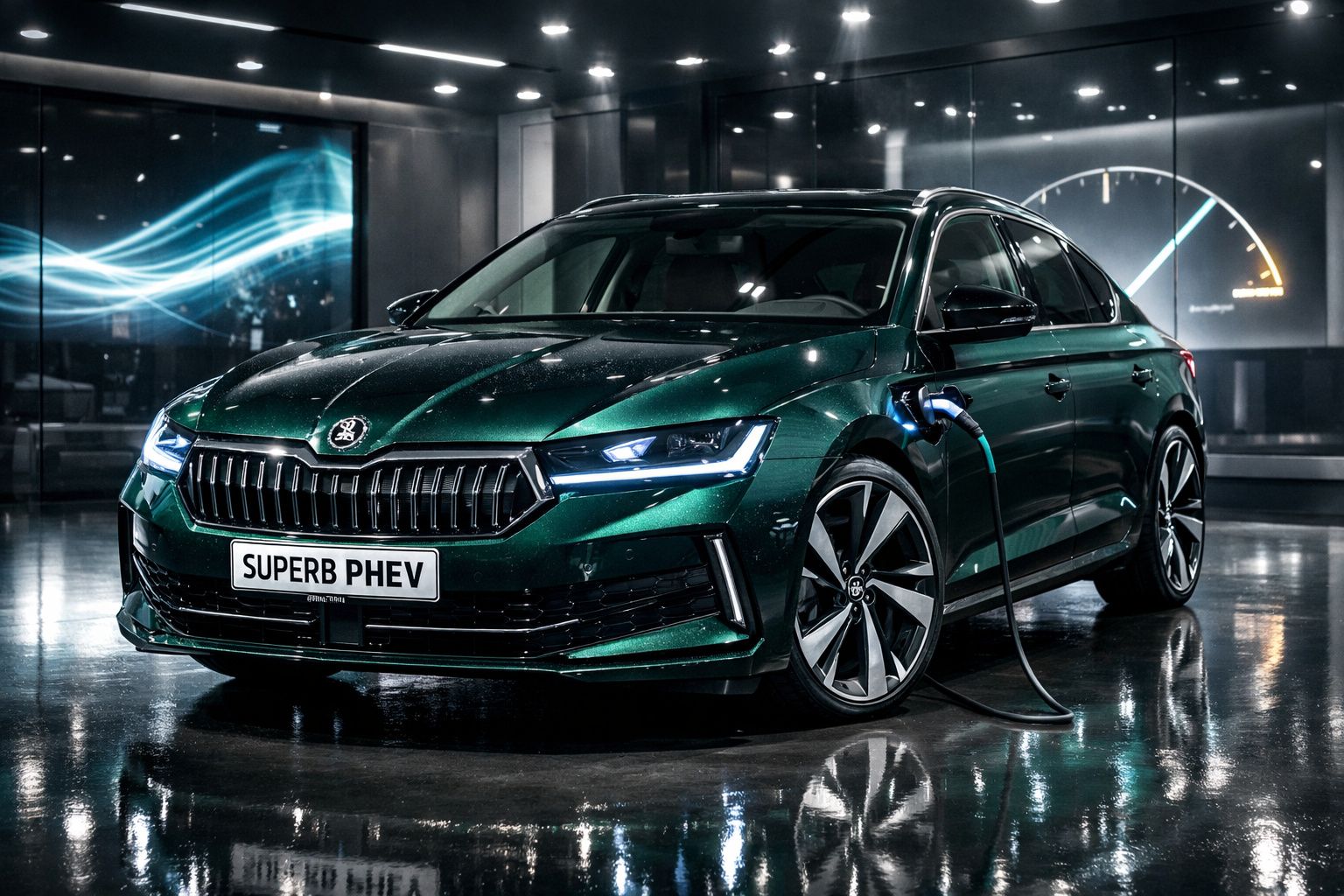Carro elétrico verde metálico Škoda Superb PHEV a ser carregado numa estação interior moderna.