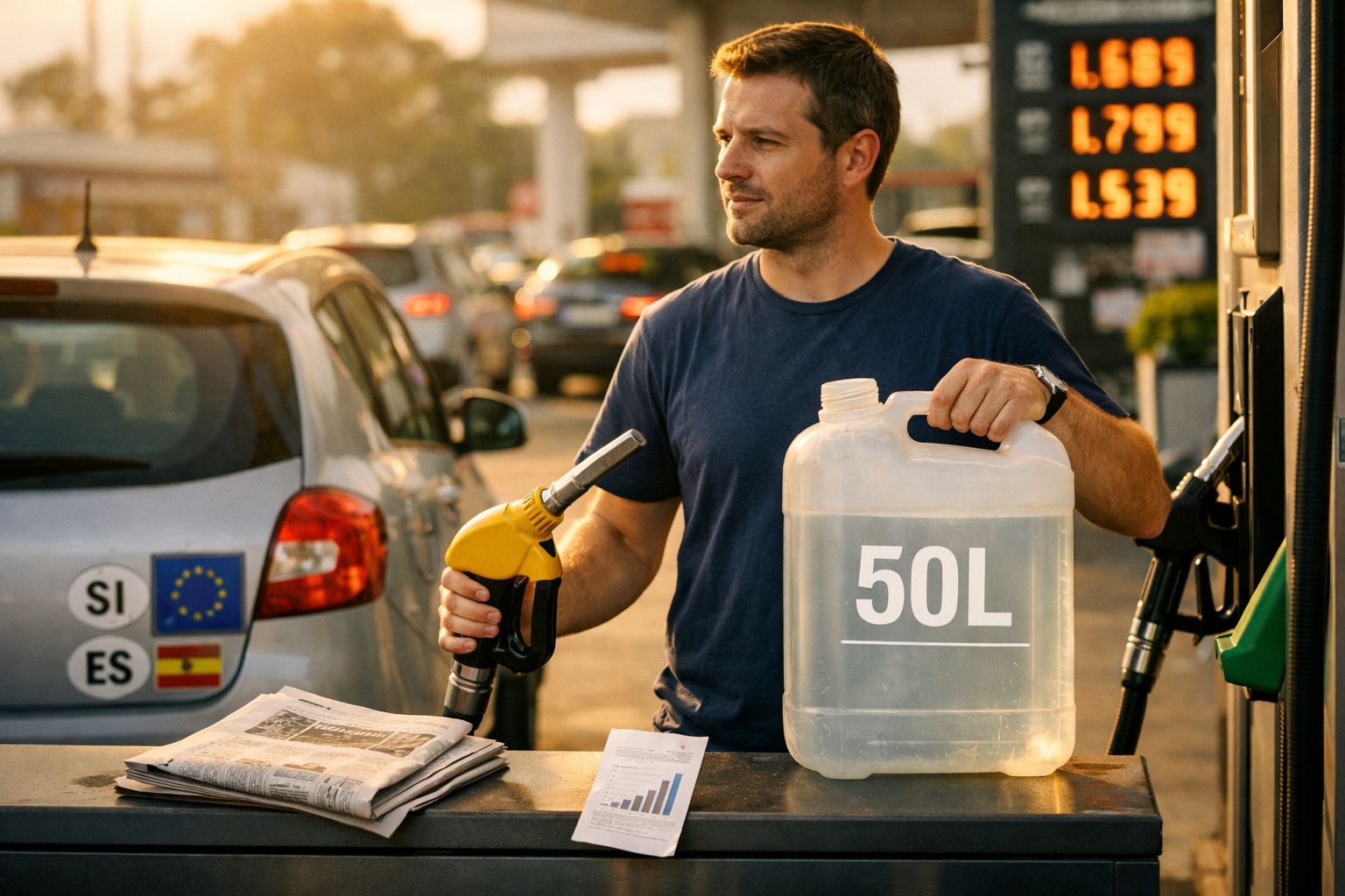Homem segura bidão de 50 litros e pistola de gasolina numa bomba de combustível ao pôr do sol.