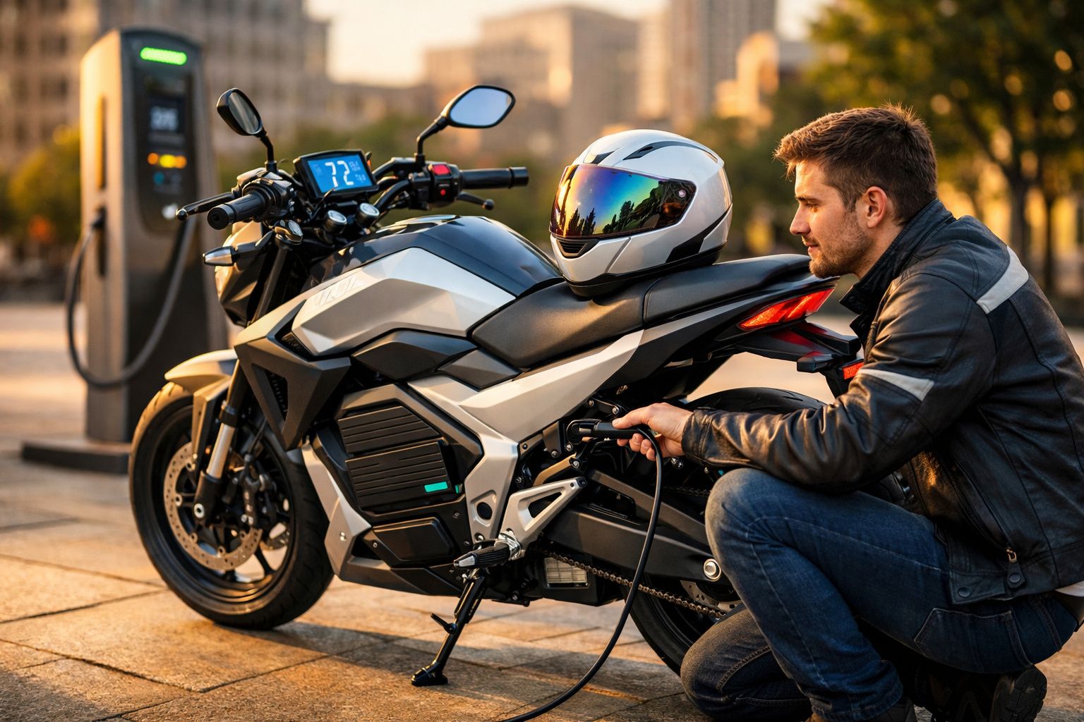 Homem a carregar uma moto elétrica prateada numa estação de carregamento urbana ao pôr do sol.