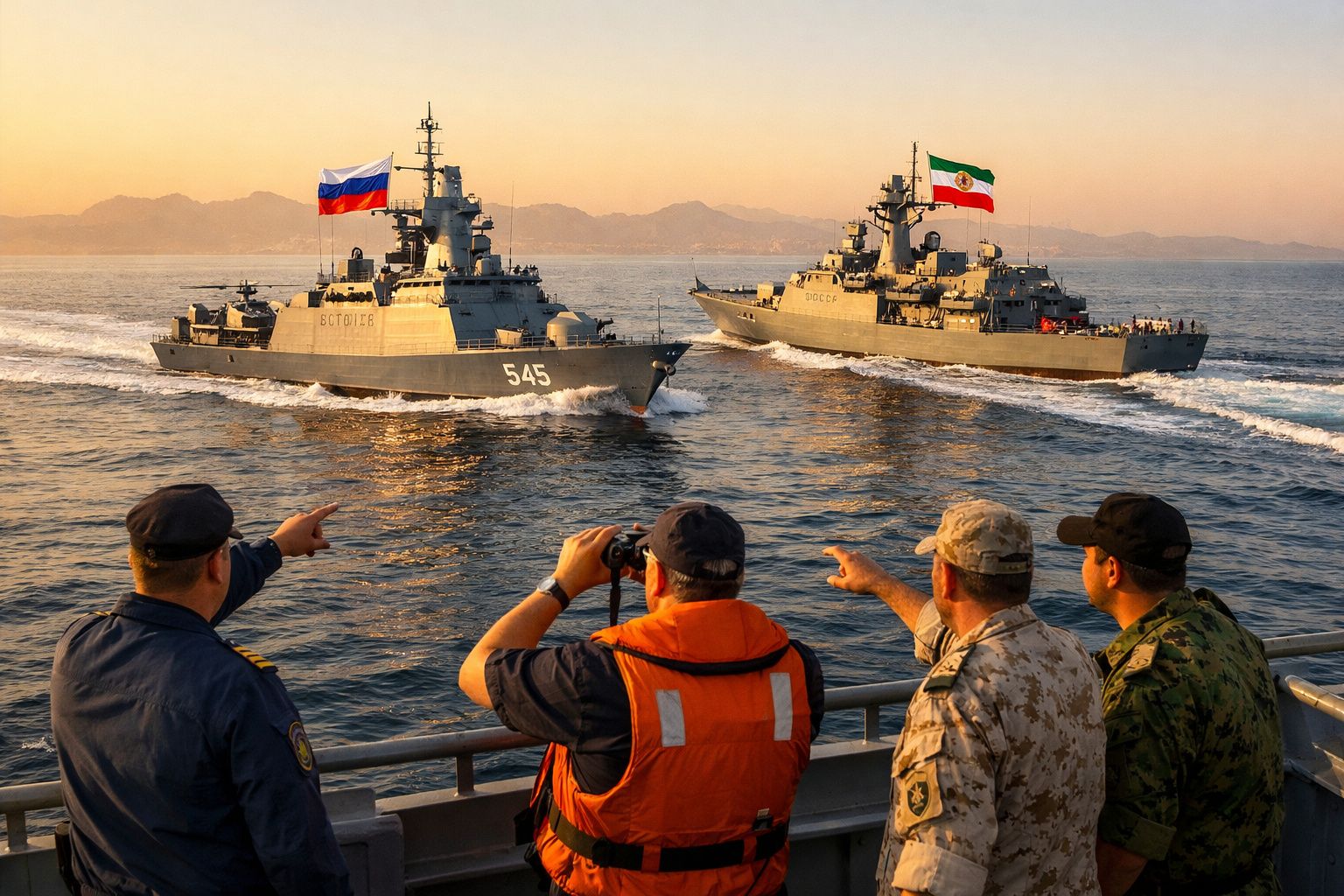 Quatro militares observam navios de guerra com bandeiras da Rússia e do Irão num mar calmo ao pôr do sol.