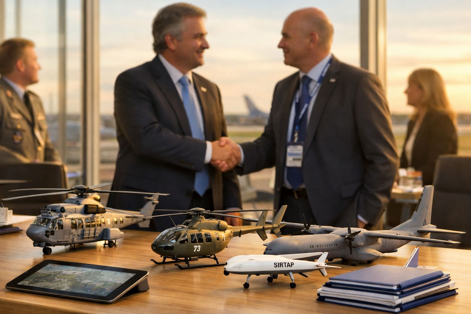 Modelos de helicópteros e aviões em mesa com duas pessoas a cumprimentar-se ao fundo.
