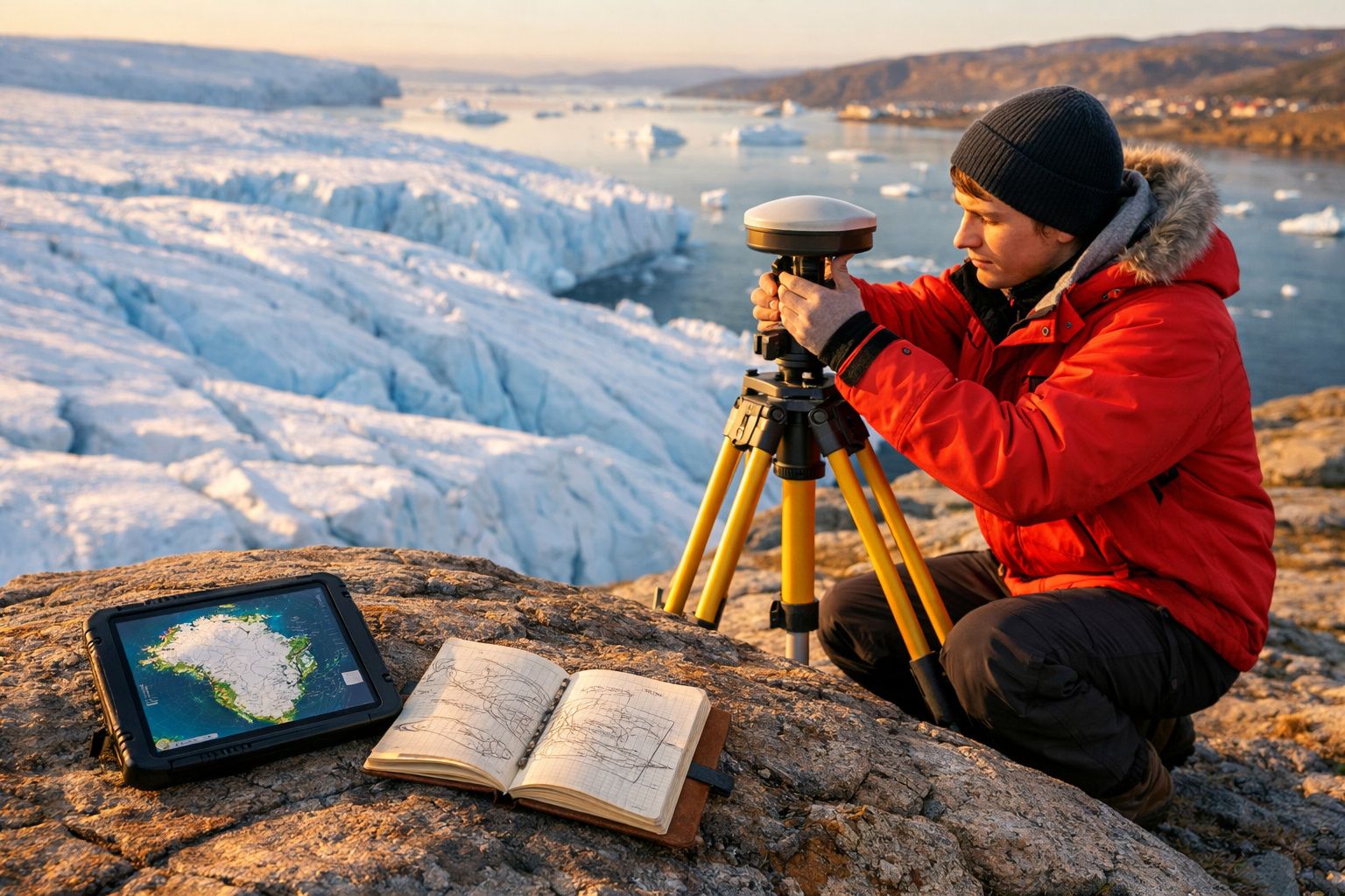 Homem com casaco e gorro ajusta equipamento de mapeamento junto a geleira e livros num ambiente frio e rochoso.