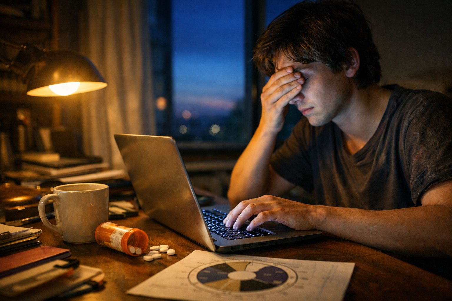 Homem cansado a trabalhar no computador à noite com comprimidos e café na secretária.
