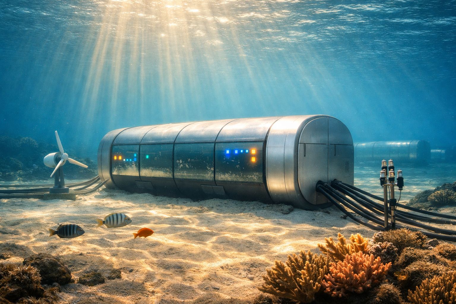Estrutura tecnológica subaquática cilíndrica com painéis iluminados e turbina ao fundo no leito do mar.