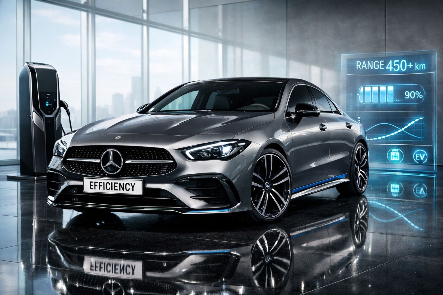 Carro elétrico Mercedes cinzento numa estação de carregamento, com indicador digital de autonomia acima de 450 km.