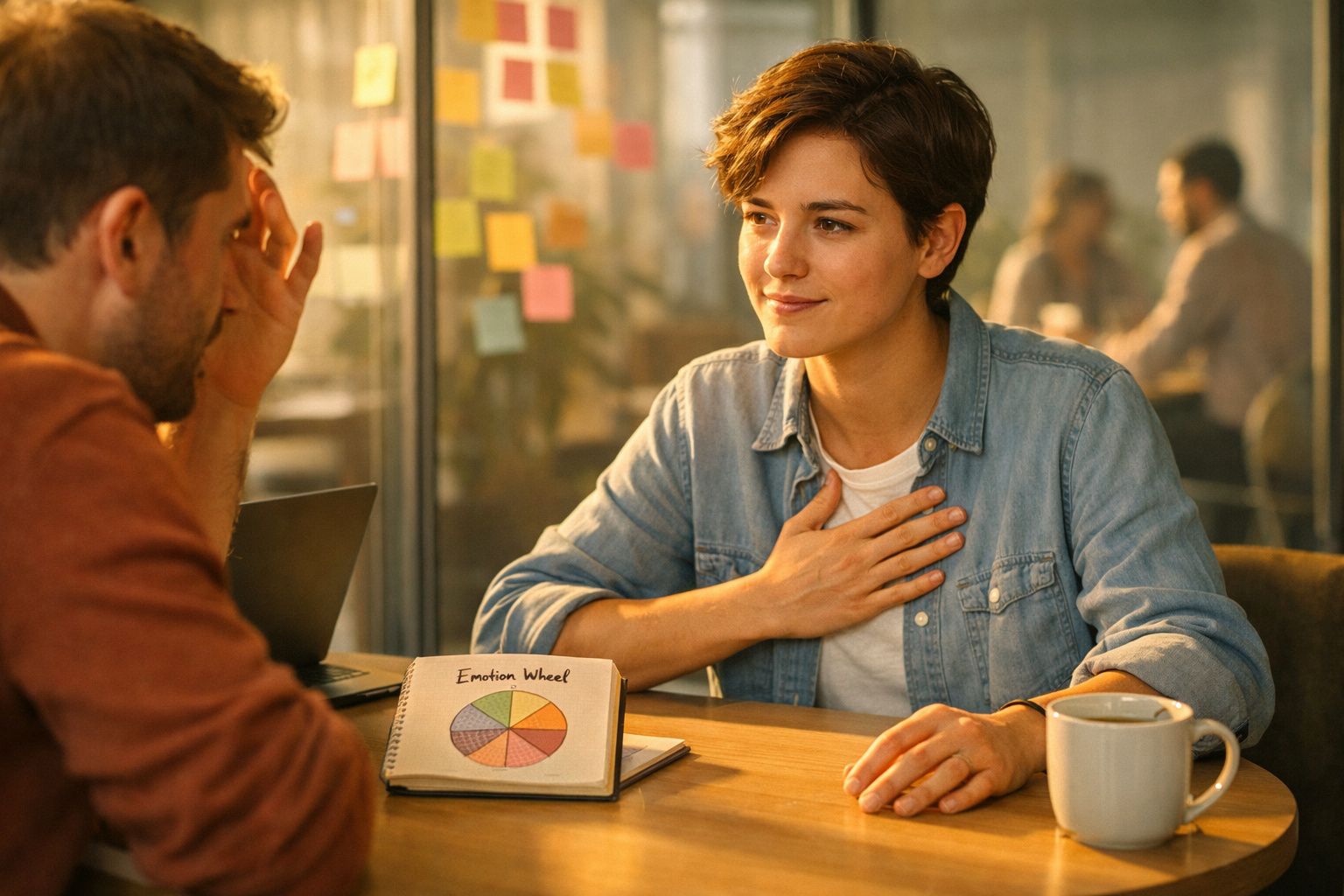 Mulher a explicar emoções a um homem numa consulta, com roda de emoções e chá sobre a mesa.