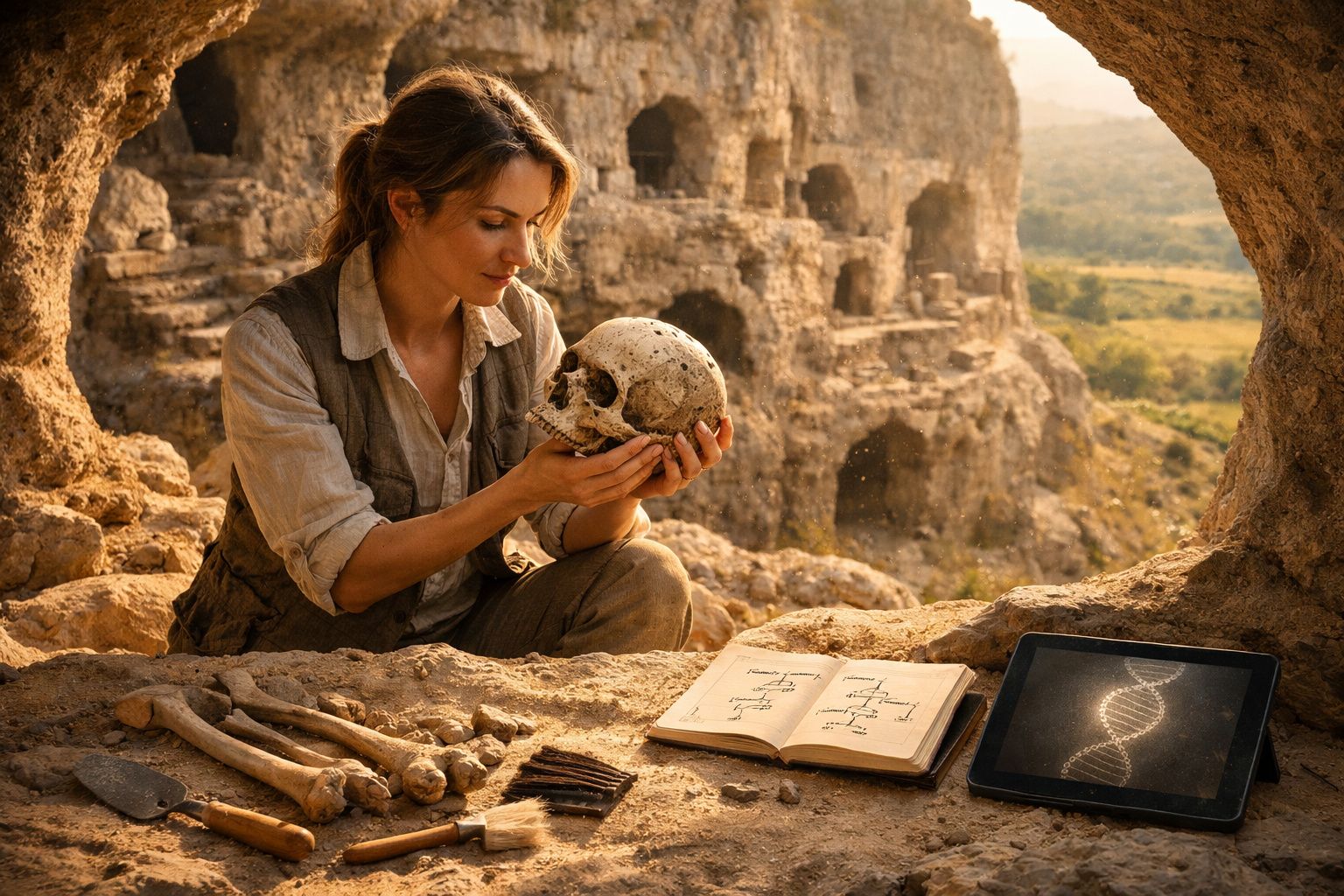 Mulher a examinar crânio humano junto a ossos, caderno com notas e ecrã digital com imagem de ADN numa caverna.