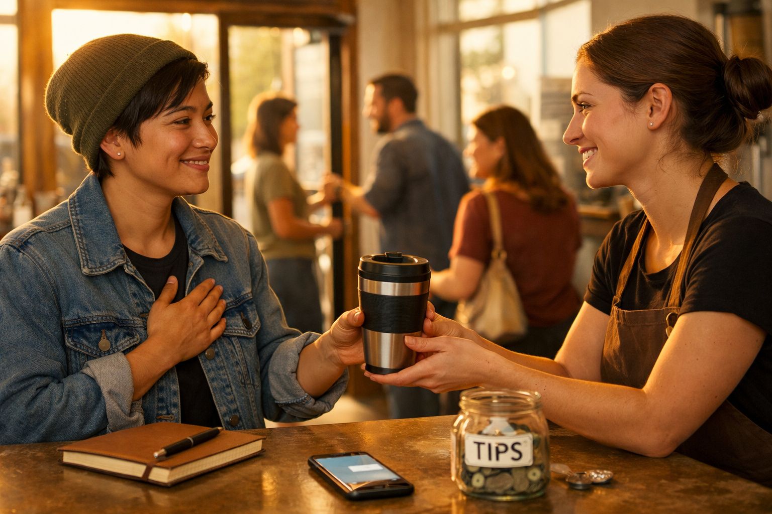Cliente a receber café num copo reutilizável de uma barista num café acolhedor.