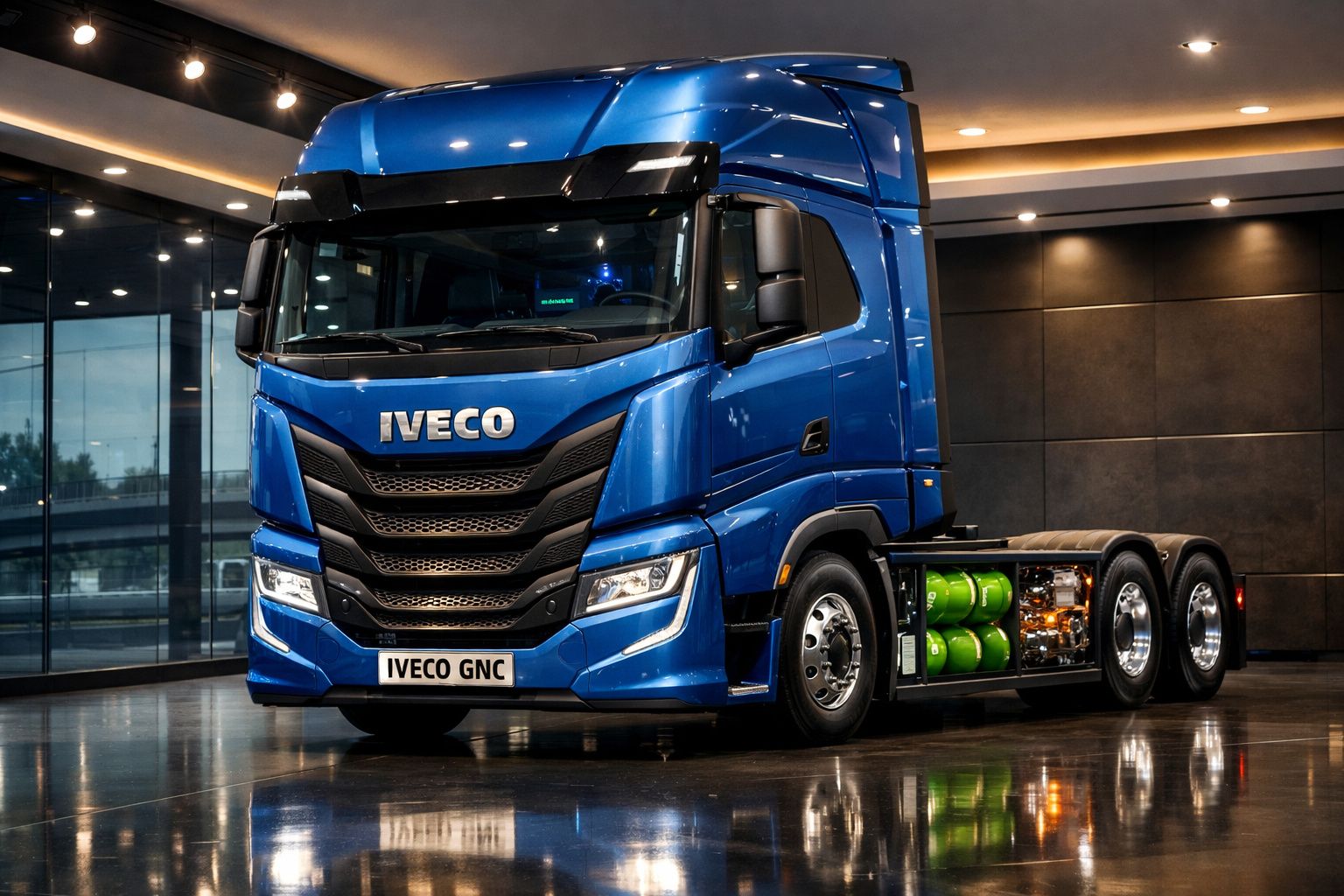 Camião azul Iveco movido a GNC exposto em ambiente interior moderno com iluminação artificial.