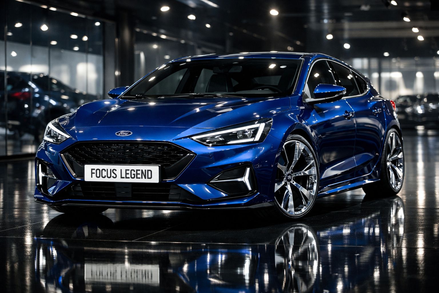 Carro desportivo azul Ford Focus Legend estacionado em superfície refletora dentro de pavilhão moderno.