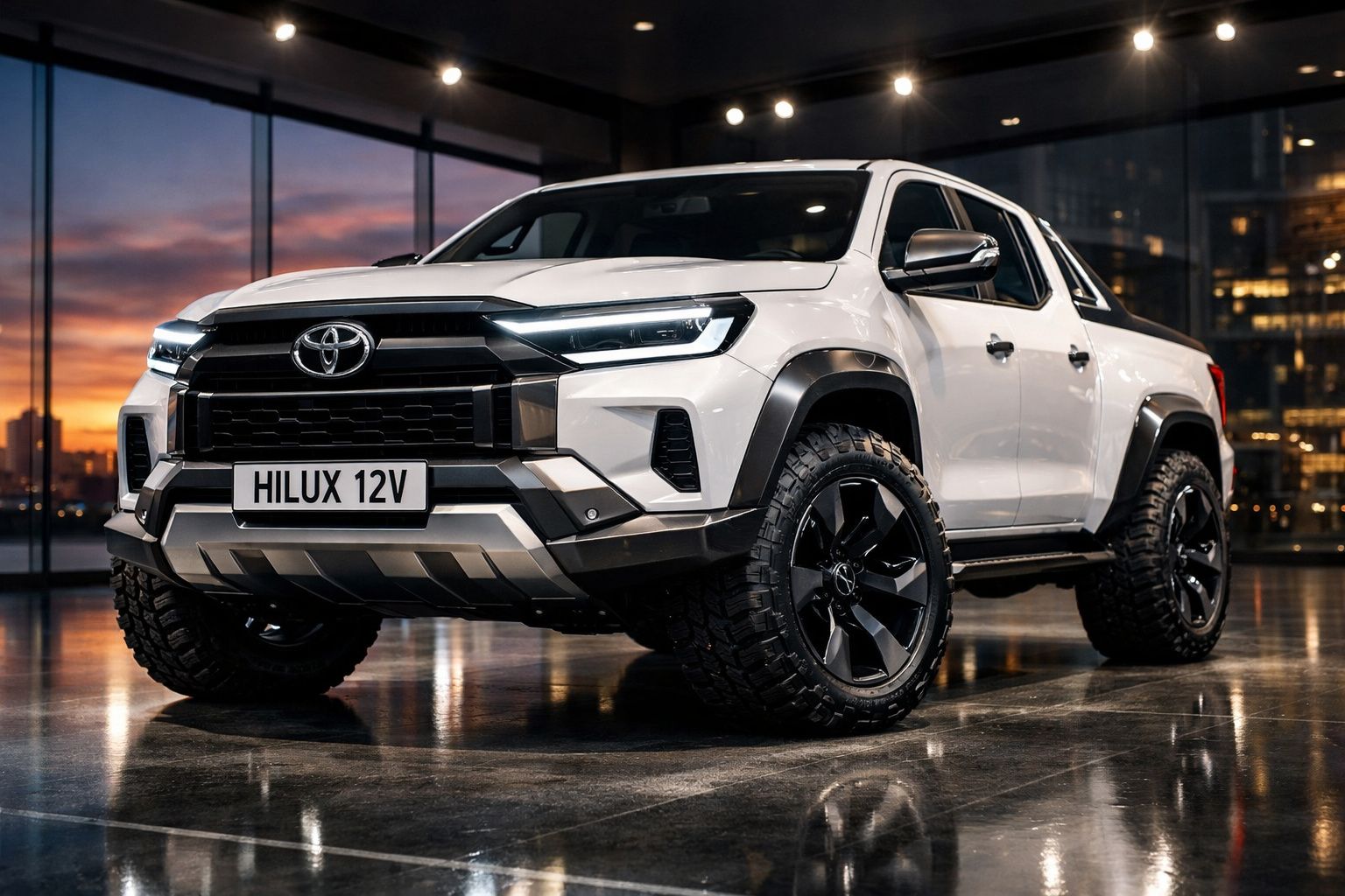 Pick-up Toyota Hilux 12V branca estacionada em ambiente urbano moderno ao anoitecer.