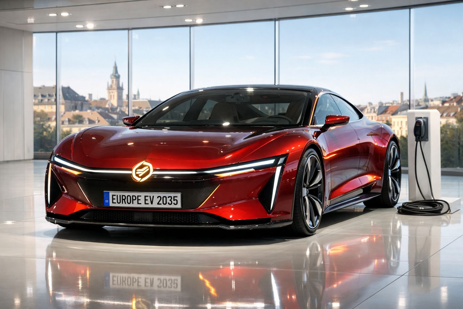 Carro elétrico vermelho futurista em exposição, carregando numa estação junto a grandes janelas com vista urbana.