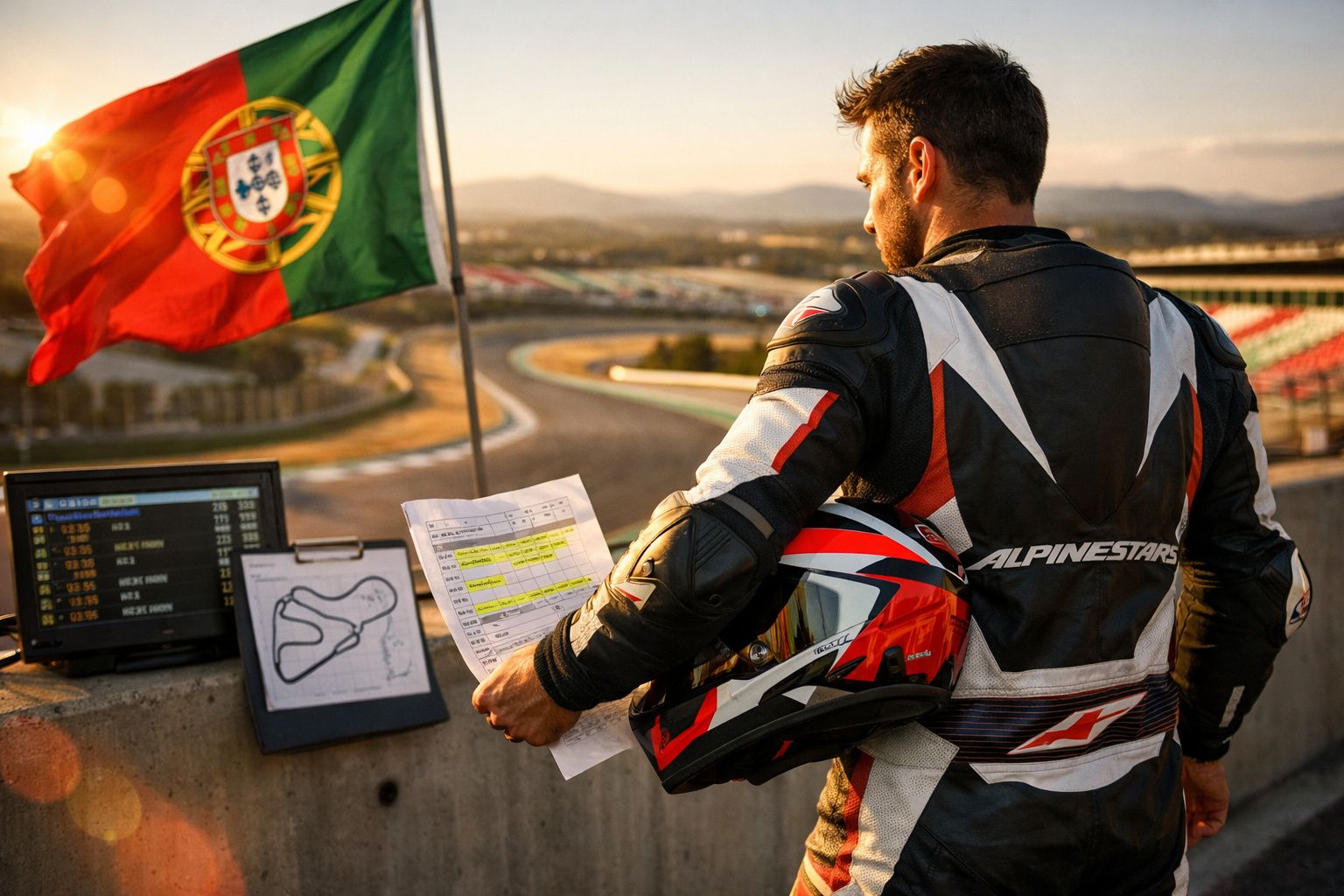 Homem em fato de moto com capacete e bandeira de Portugal observa documentos e monitores numa pista de corrida.