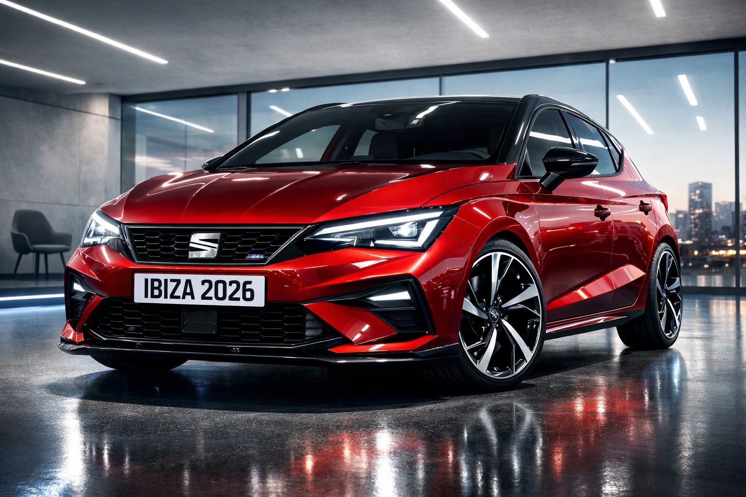 Automóvel SEAT Ibiza 2026 vermelho brilhante estacionado dentro de garagem moderna com janelas amplas.