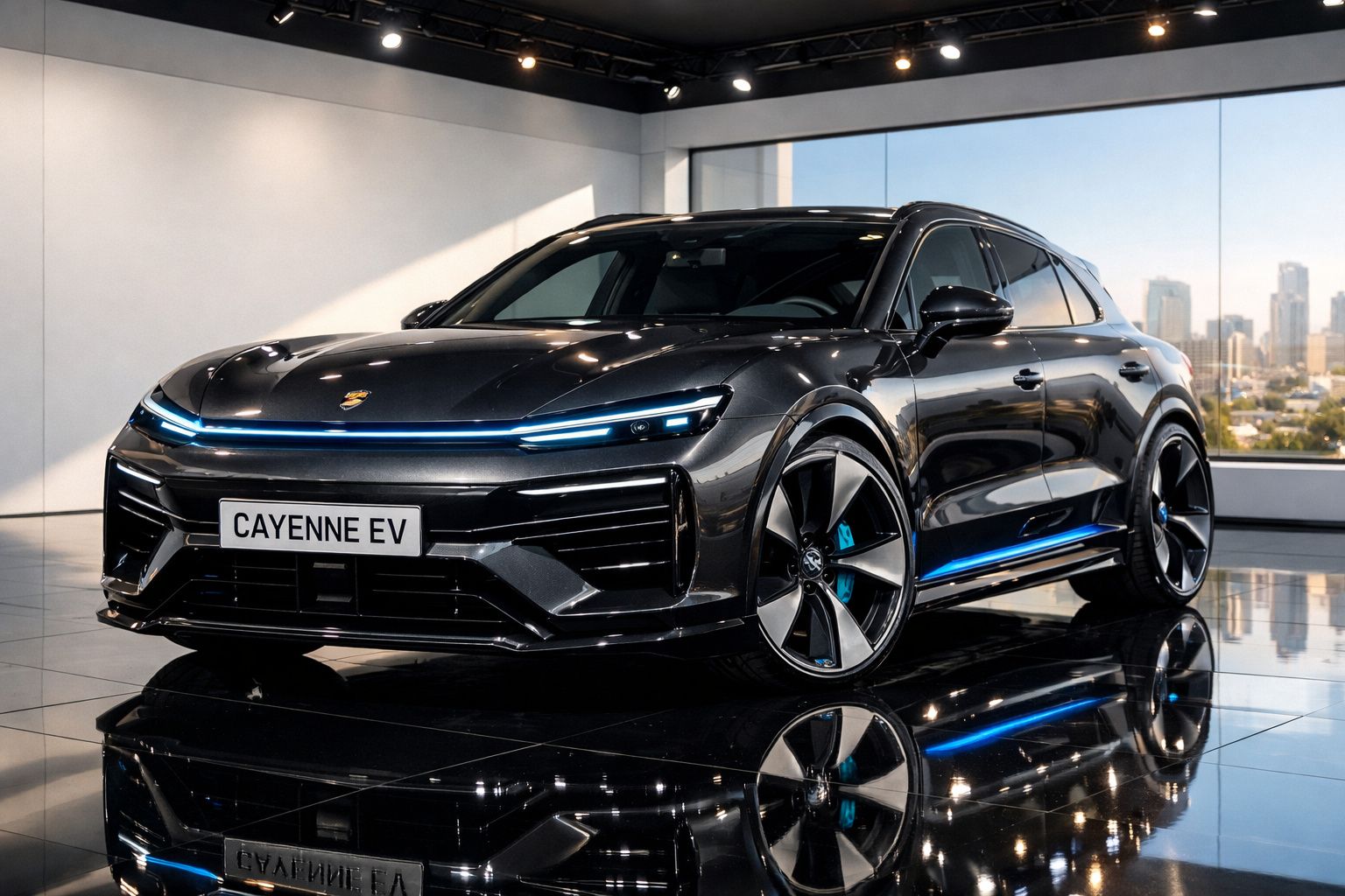 Automóvel elétrico Porsche Cayenne EV cinzento estacionado em showroom moderno com luz natural.