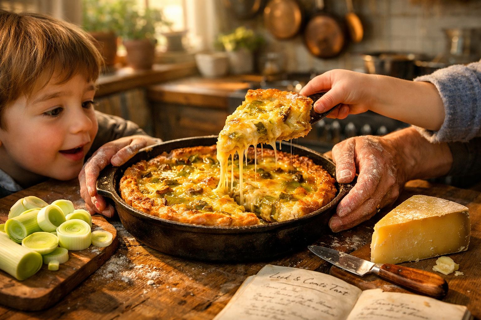 Criança observa fatia de torta de queijo e legumes a ser servida numa cozinha rústica.