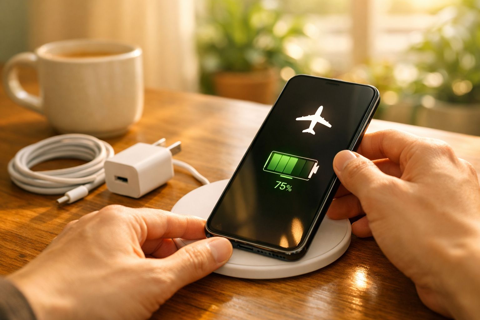 Pessoa a colocar telemóvel a carregar sem fios numa base, com bateria a 75%, modo avião ativado.