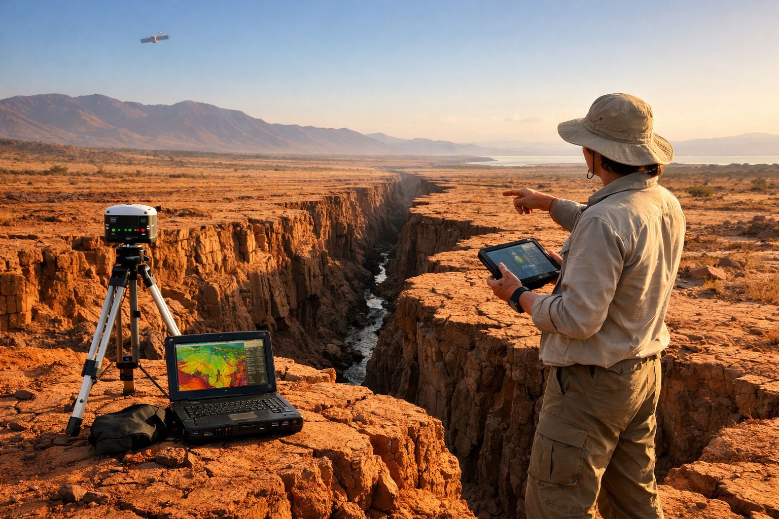 Geólogo com chapéu usa tablet para analisar fenda profunda em terreno árido com equipamento de medição e portátil.