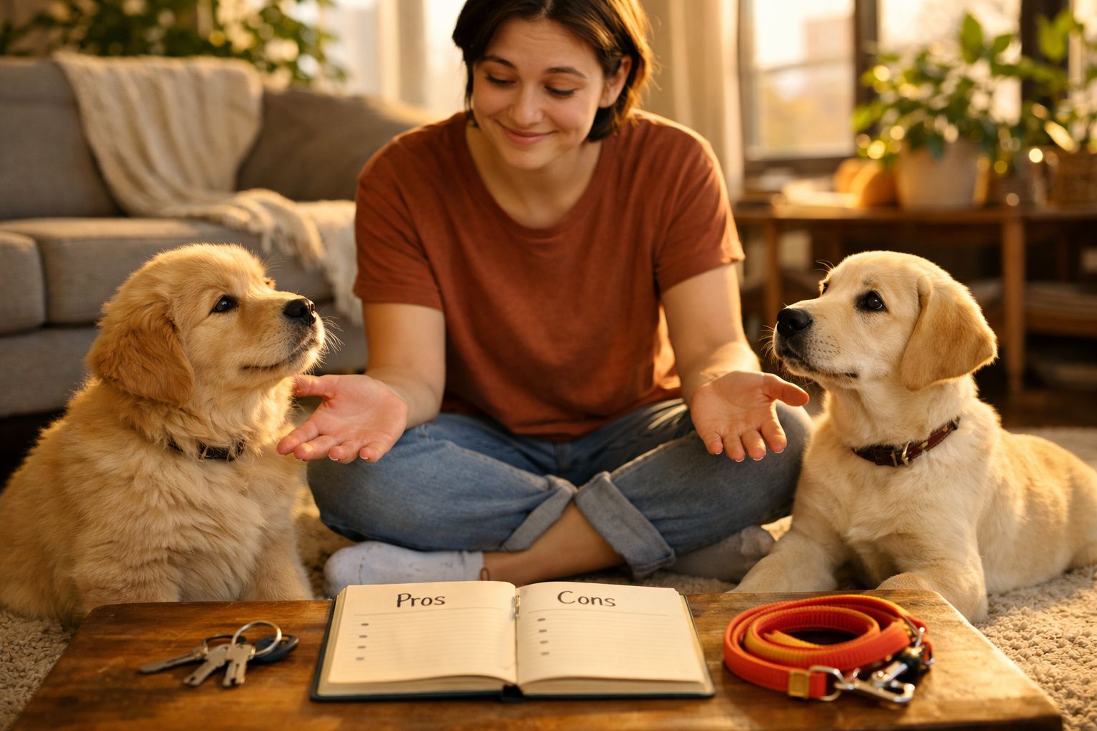 Pessoa sentada no chão entre dois cães, com caderno aberto de prós e contras e coleiras na mesa.