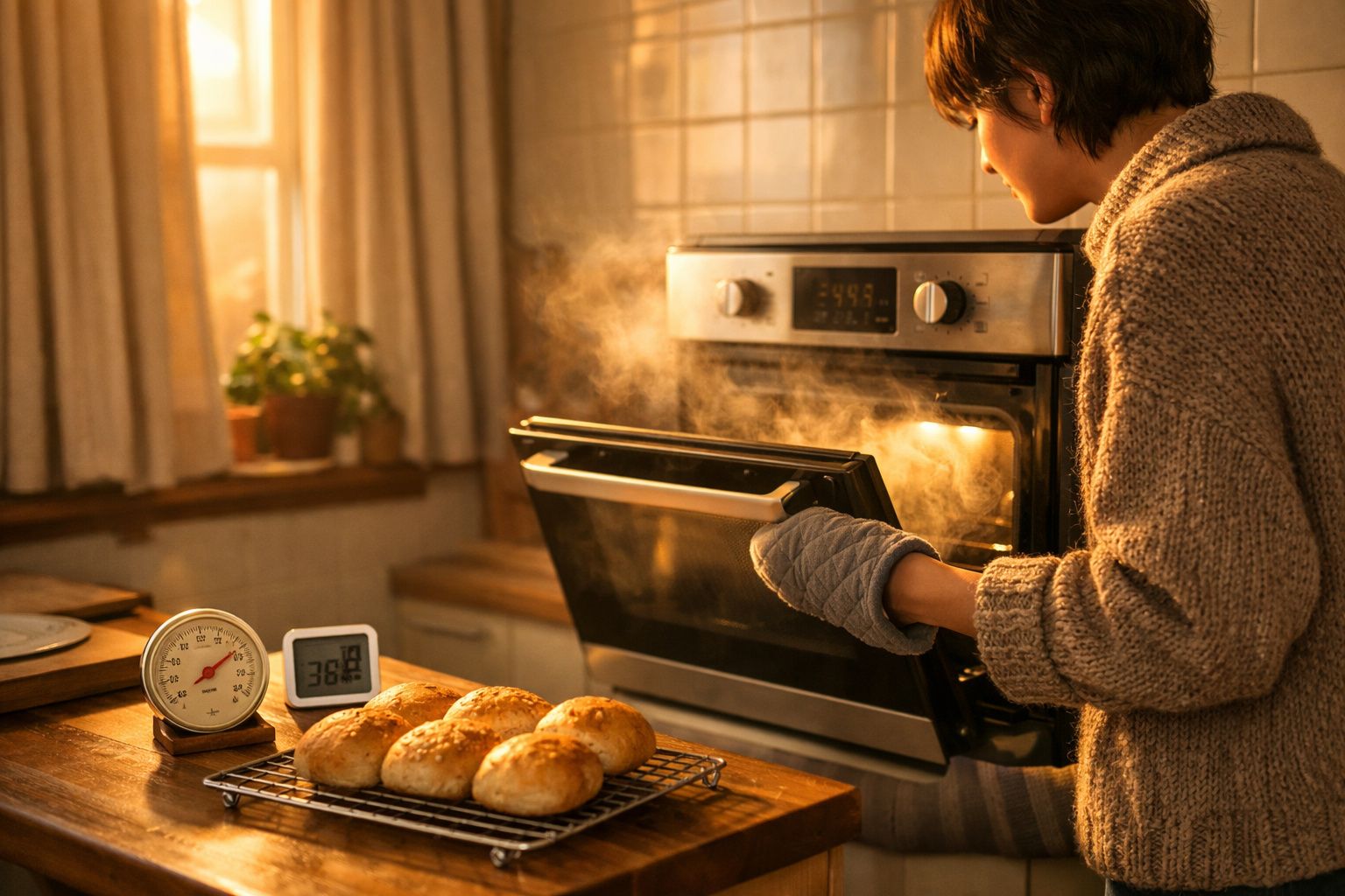 Pessoa a retirar pães quentes do forno numa cozinha iluminada a luz natural.