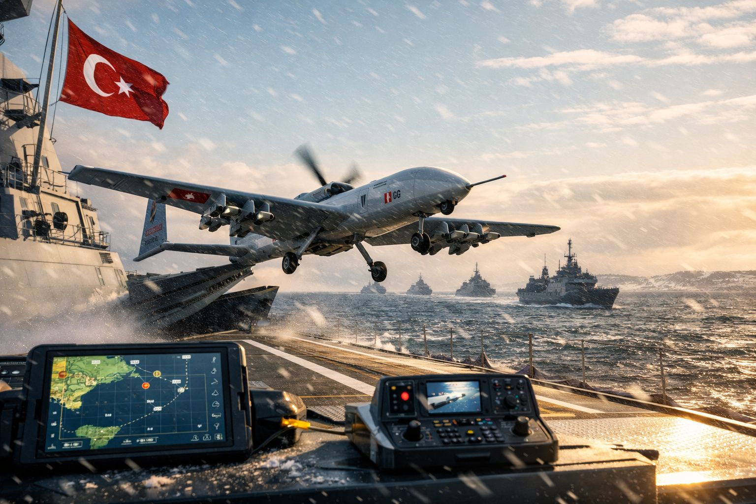 Avião militar turco a descolar de porta-aviões com frota naval ao fundo em mar agitado ao entardecer.