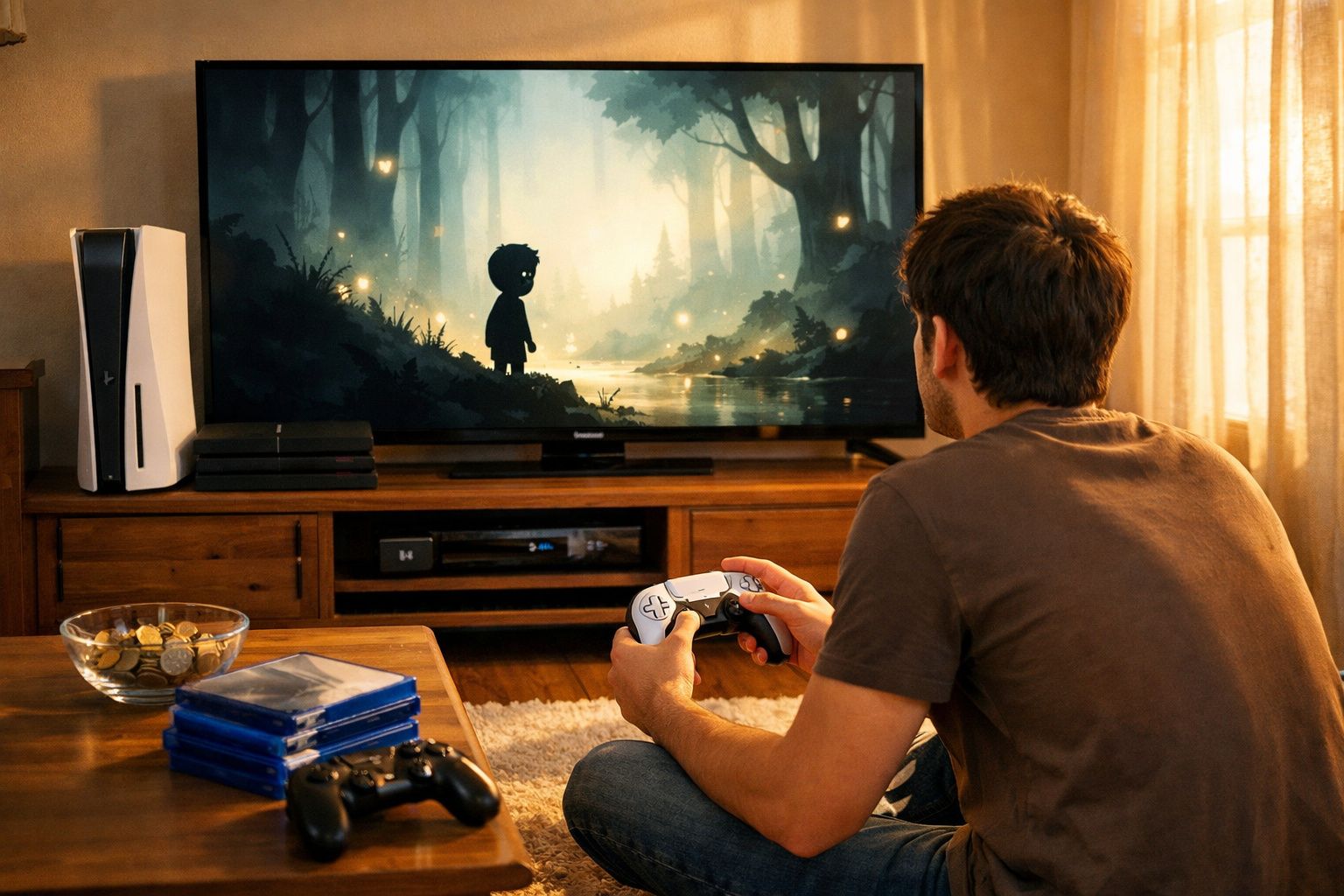 Homem sentado no chão a jogar videojogo numa consola em sala iluminada por luz natural.