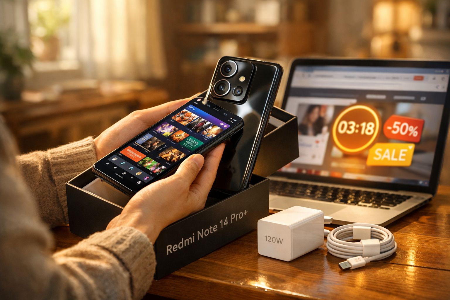Pessoa segurando smartphone Redmi Note 14 Pro+ com outro aparelho e acessórios sobre a mesa, laptop mostra promoção.
