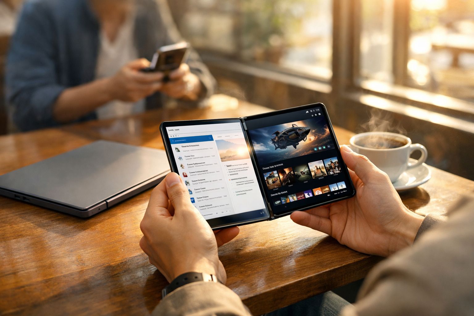Pessoa a usar telemóvel dobrável com ecrã duplo para ler e ver vídeos, numa mesa com portátil e chá quente.
