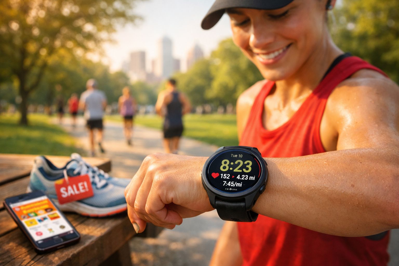 Mulher sorridente com roupa desportiva vê relógio inteligente durante corrida no parque ao entardecer.