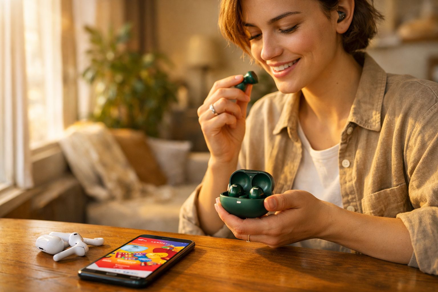 Mulher sorridente a colocar auscultadores sem fios verdes enquanto segura estojo de carregamento.