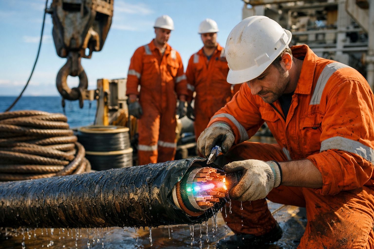 Trabalhador com fato laranja e capacete branco a reparar cabo submarino com outros dois trabalhadores ao fundo.