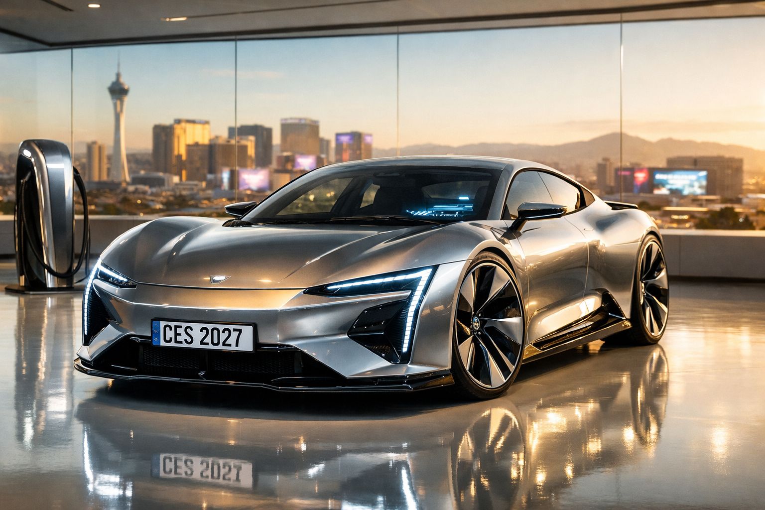 Carro desportivo elétrico cinza estacionado em garagem com vista urbana ao entardecer.