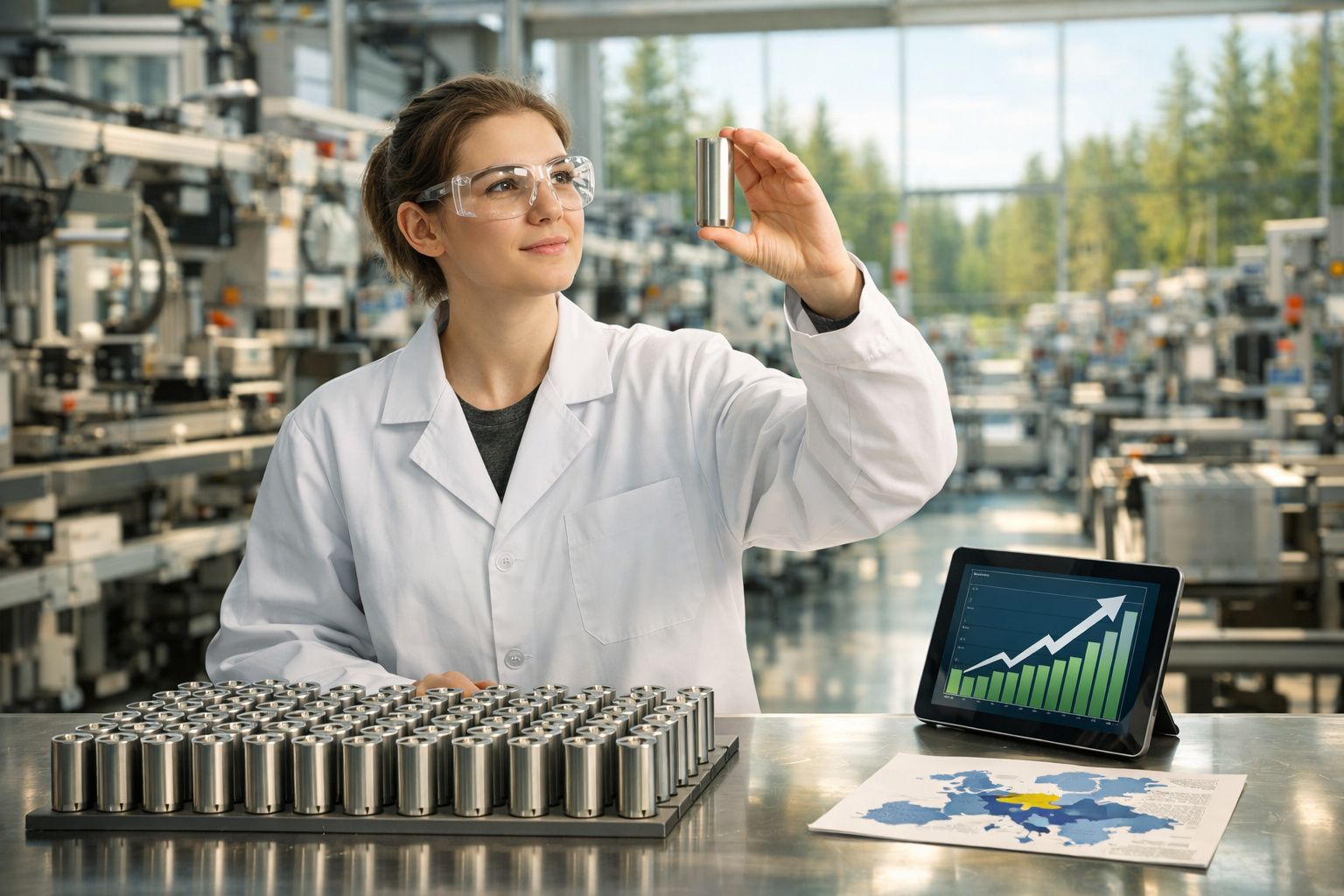 Mulher cientista a examinar bateria numa fábrica com gráfico de crescimento numa tablet ao lado.