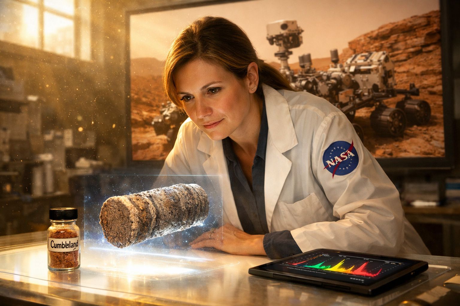 Cientista da NASA analisa holograma de amostra de rocha marciana com tablet e frasco ao lado.