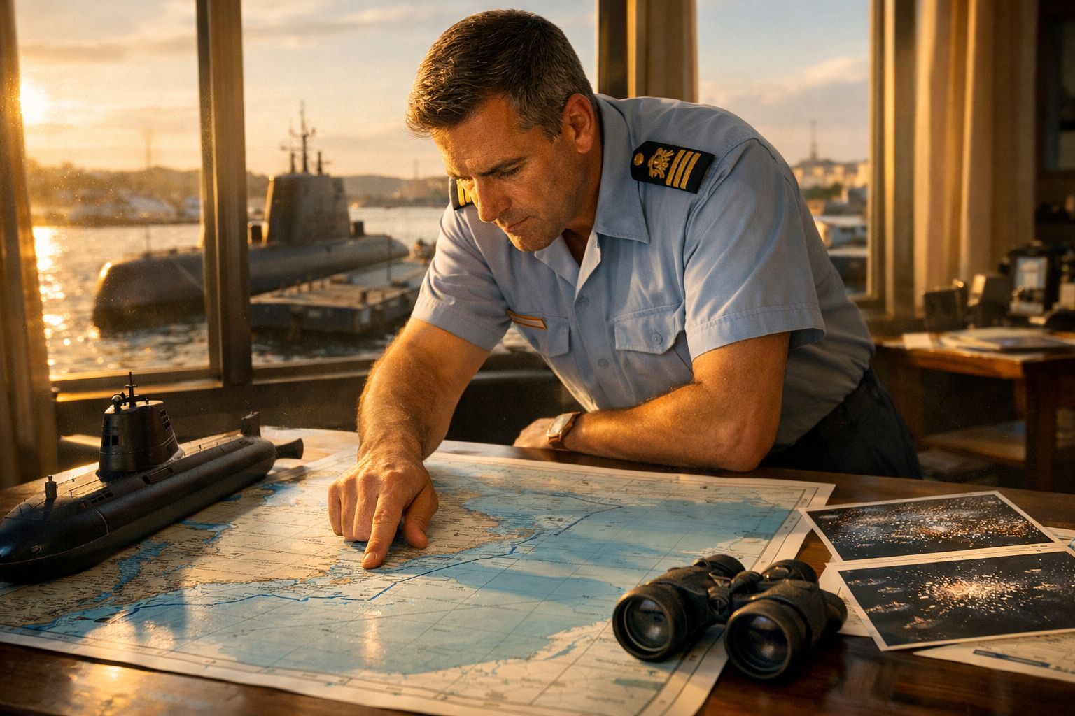 Homem fardado aponta para mapa náutico em ambiente com vista para submarino ao pôr do sol.