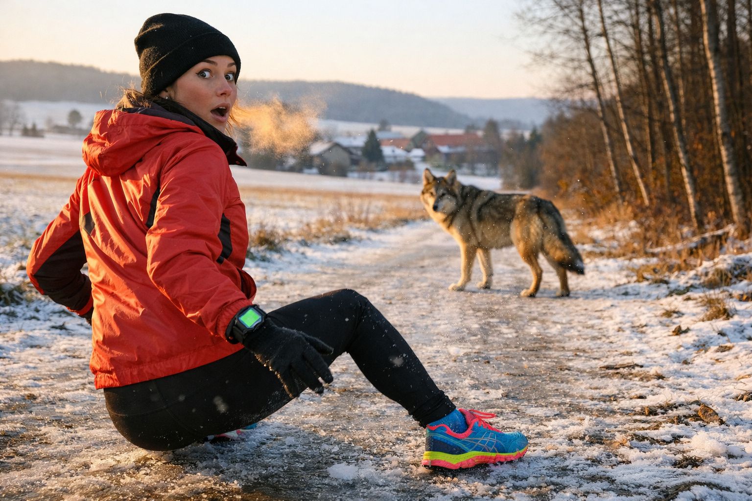 Mulher sentada com roupa de desporto vermelha e preta surpreendida à beira de caminho nevado, com um lobo ao fundo.