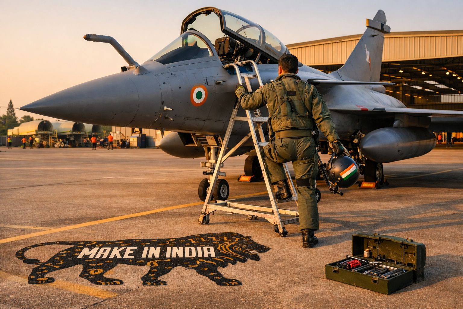 Piloto indiano a subir a escada para entrar em caça militar estacionado junto a hangar ao pôr do sol.