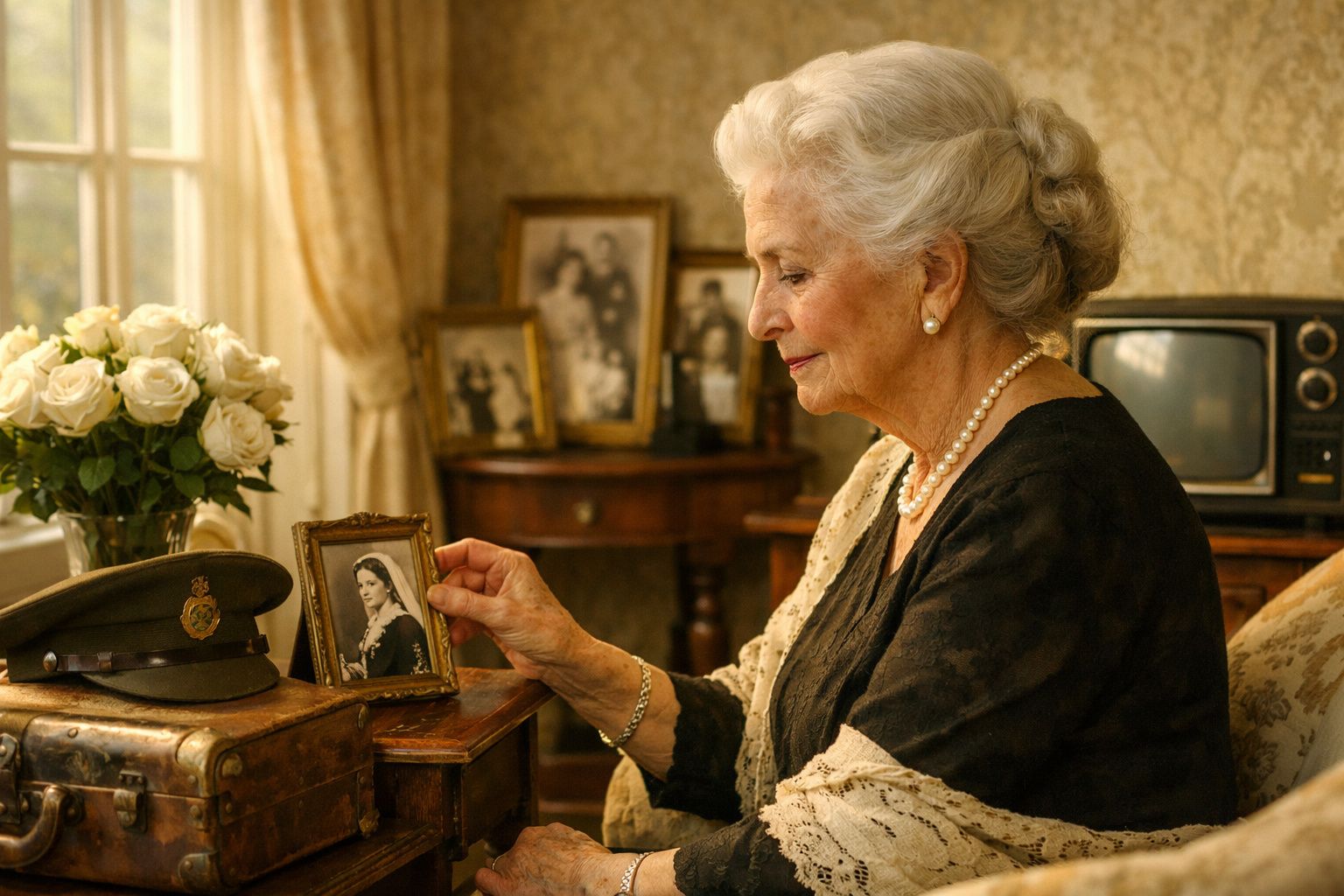 Idosa sentada a olhar com saudade para uma fotografia antiga numa moldura numa sala decorada vintage.