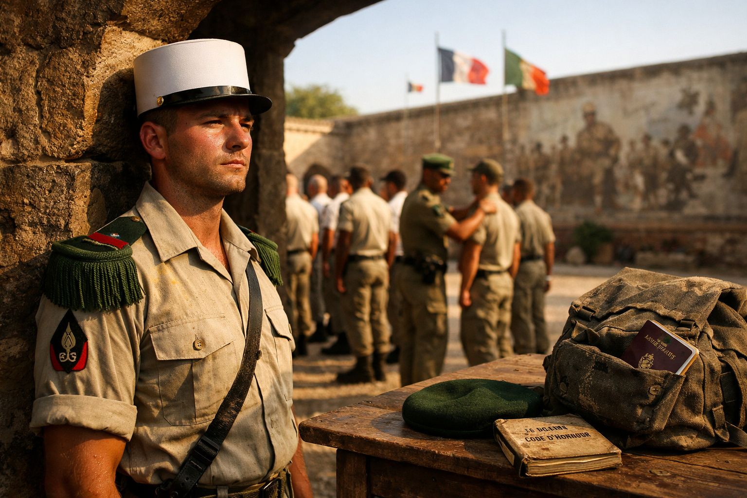 Soldado da Legião Estrangeira francesa em uniforme junto a grupo de militares e bandeiras ao fundo.