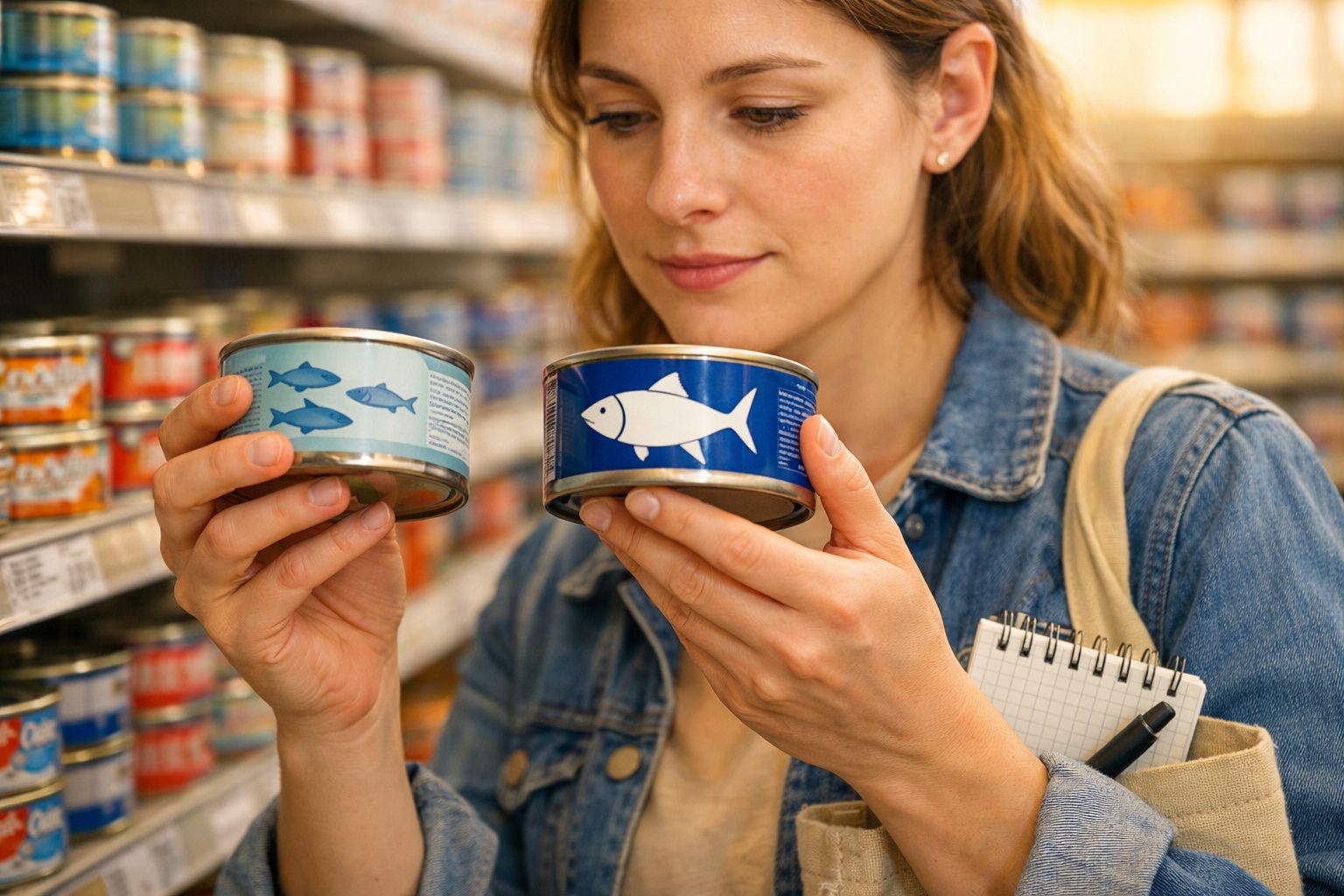 Mulher a comparar latas de peixe no supermercado enquanto segura um bloco de notas e uma caneta.