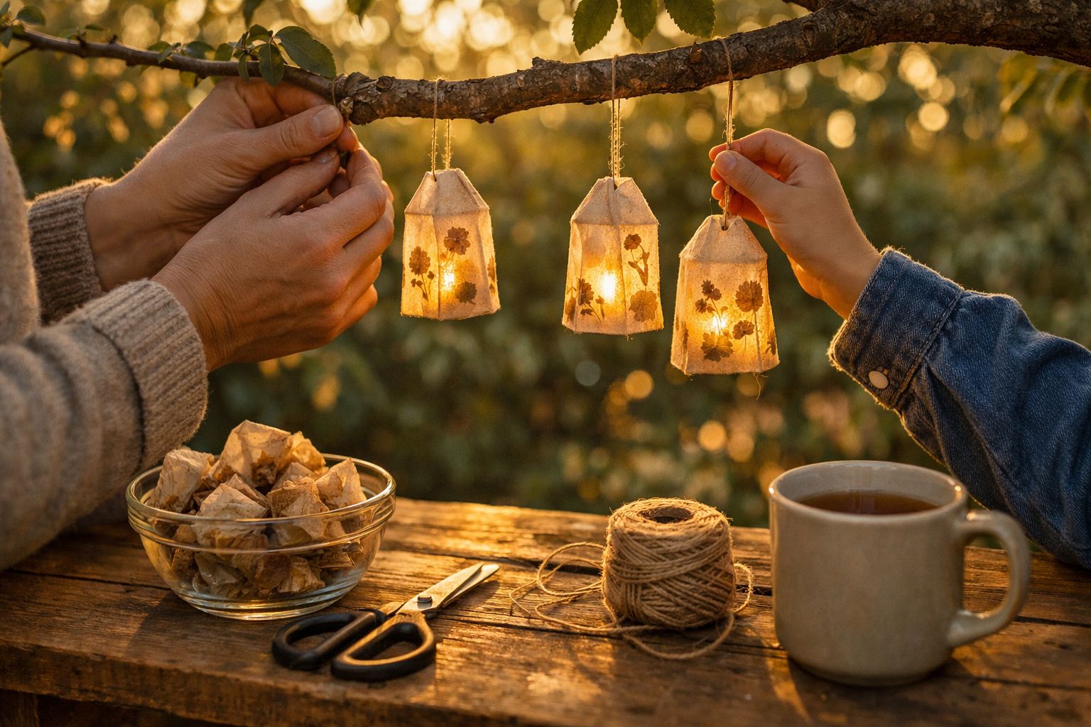 Duas mãos penduram lanternas de papel com flores secas numa vara, com chá, linha e tesoura numa mesa de madeira.