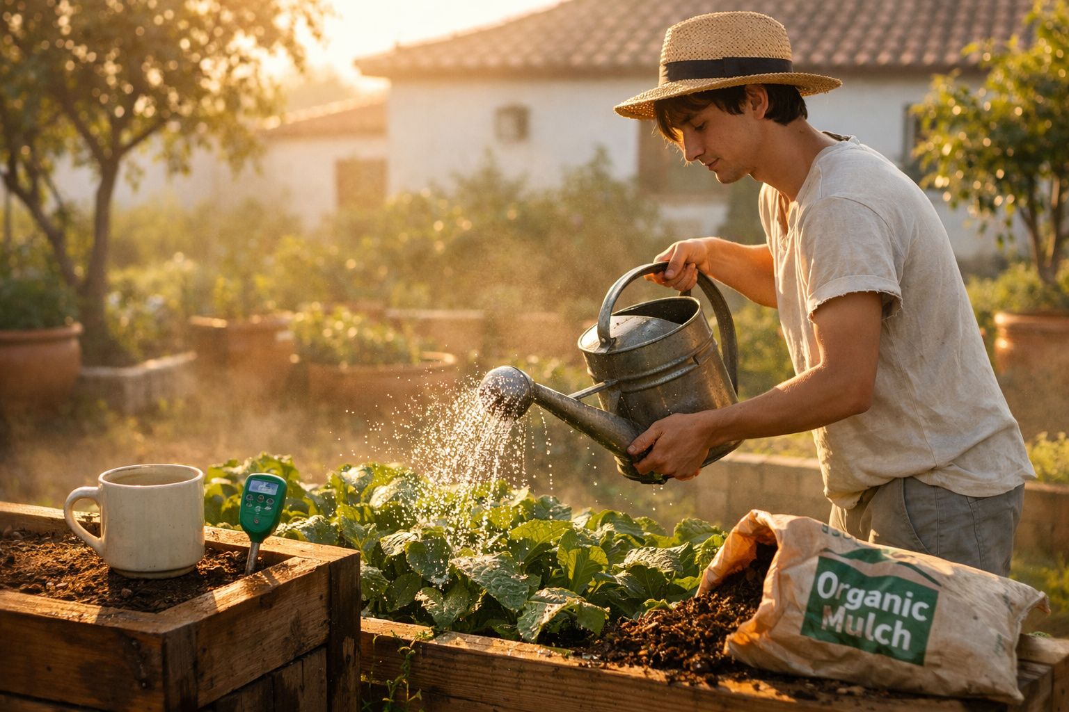 Homem jovem com chapéu rega plantas numa horta urbana com regador metálico ao pôr do sol.