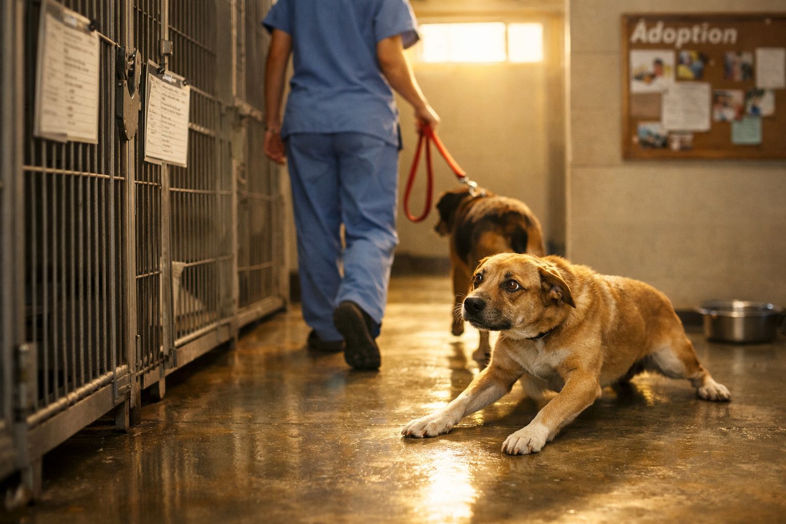 Cão esticado no chão de abrigo, com pessoa de uniforme azul a levar outro cão com trela.