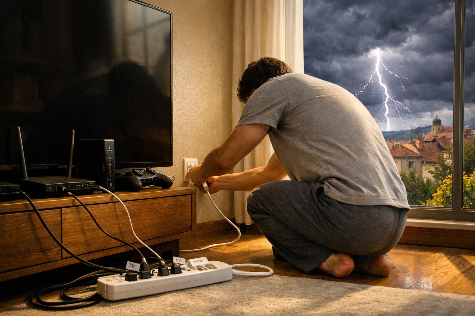 Pessoa a desligar aparelhos eletrónicos perto da janela durante tempestade com relâmpago visível.